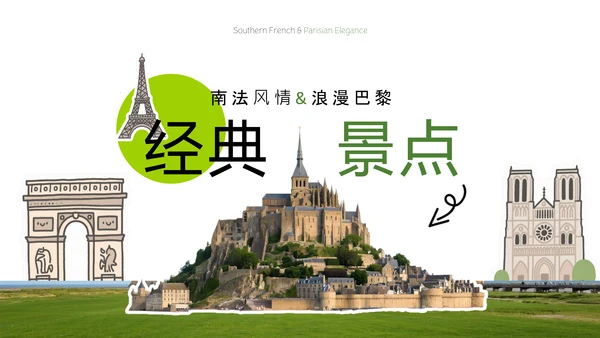 蓝绿色拼贴风法国旅游攻略PPT模板