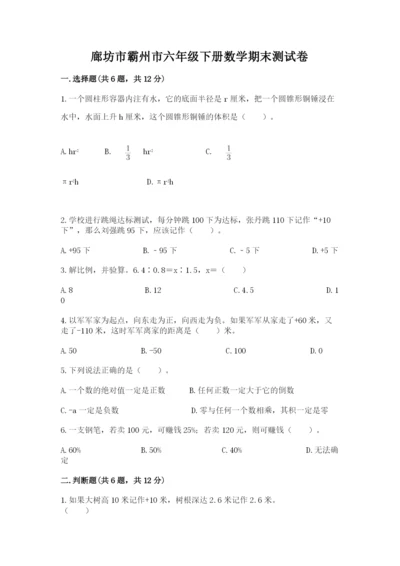 廊坊市霸州市六年级下册数学期末测试卷及一套完整答案.docx