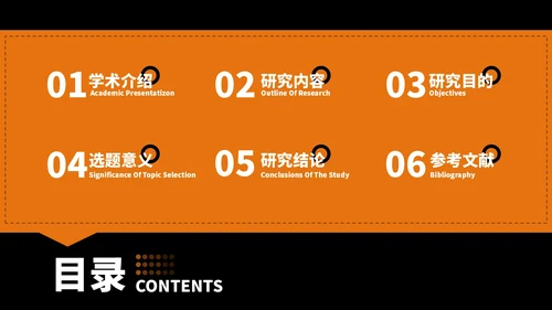 黑橙色简约风目录页PPT版式合集