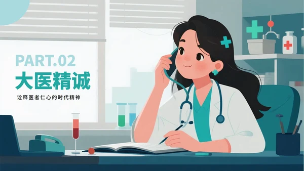 绿色扁平卡通插画风医护人员中国医师节科普PPT模板