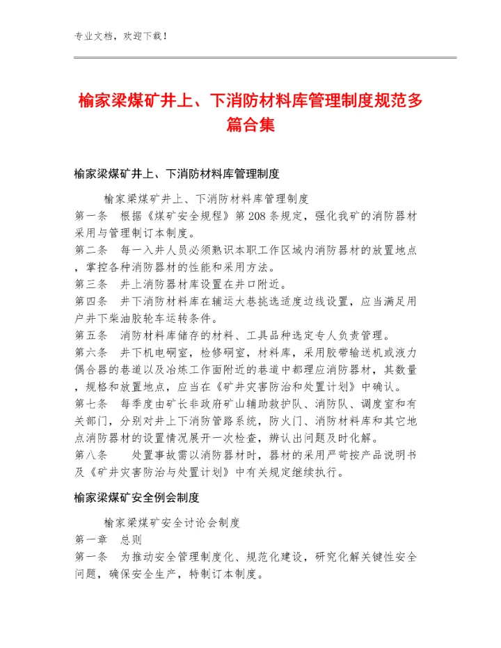 榆家梁煤矿井上、下消防材料库管理制度规范多篇合集.docx
