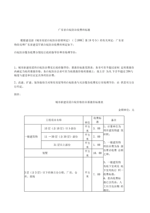 广东省白蚁防治收费的标准