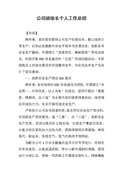 公司班组长个人工作总结