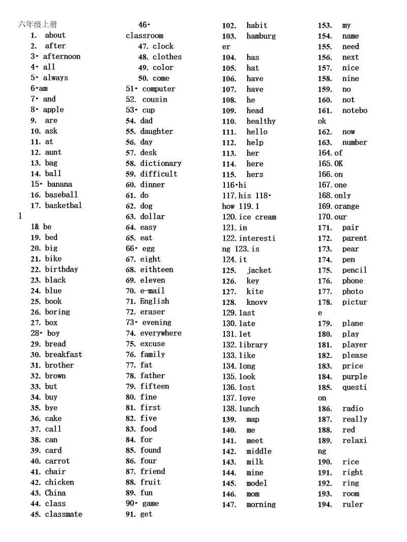 按字母顺序六年级上册九年级单词英译汉