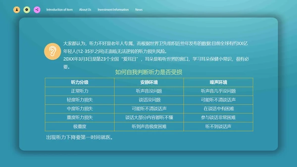 蓝色简约微立体爱护耳朵保护听力全国爱耳日动态PPT保护耳朵