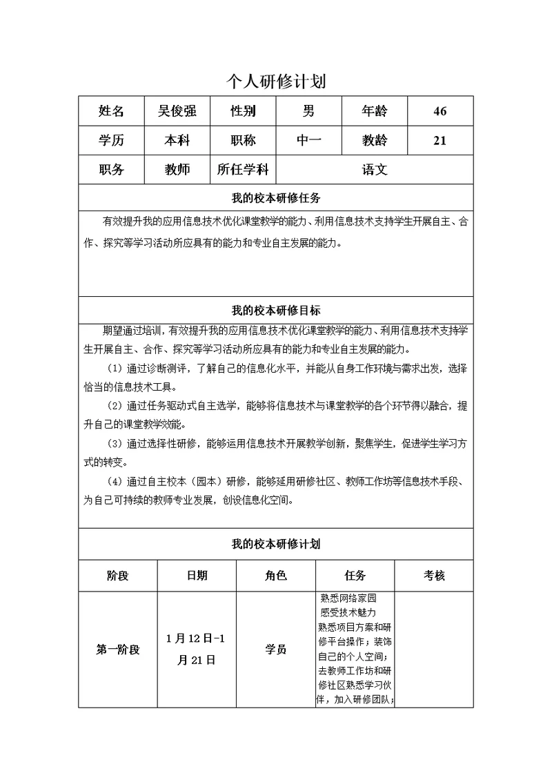 吴俊强个人研修工作计划