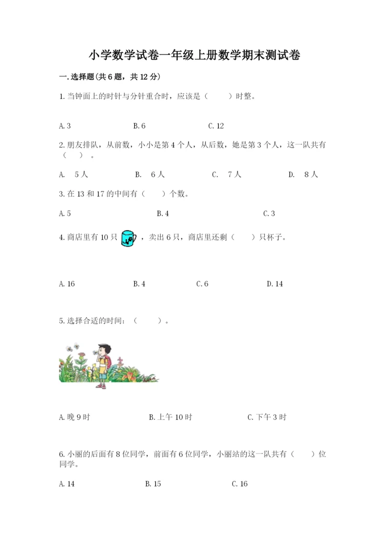 小学数学试卷一年级上册数学期末测试卷带答案（精练）.docx