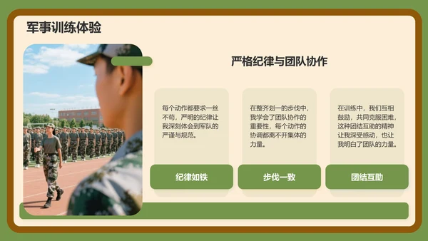 绿色3D风军训收获与成长汇报PPT模板