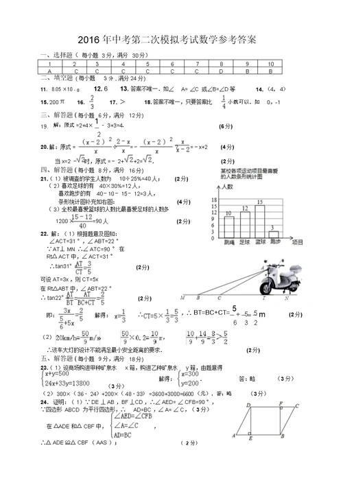 2016年初中毕业学业考试第二次模拟试题卷答案