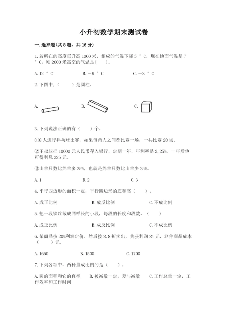 小升初数学期末测试卷（轻巧夺冠）.docx