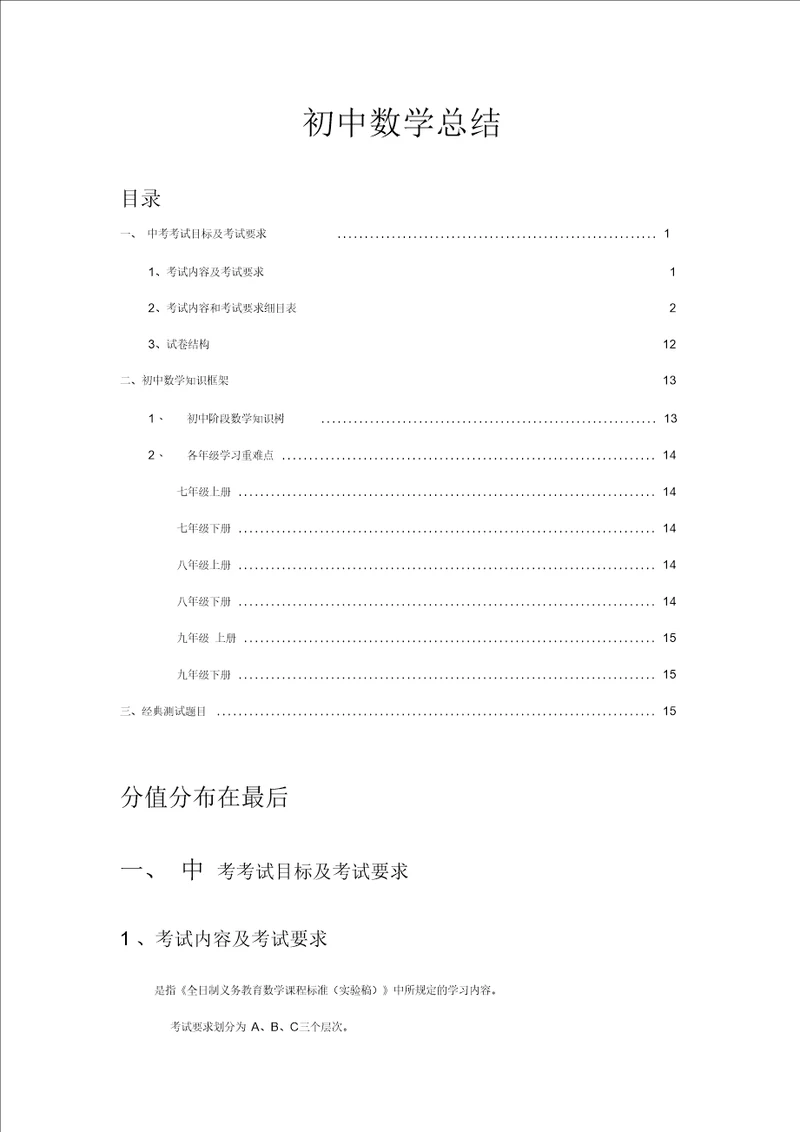 2017年初中数学中考考试大纲考点重点题目