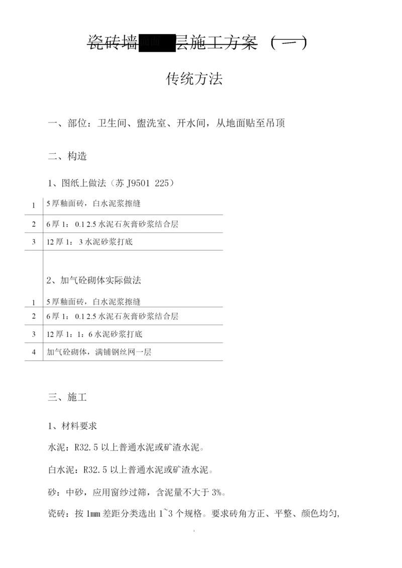 瓷砖墙面面层施工方案一.docx