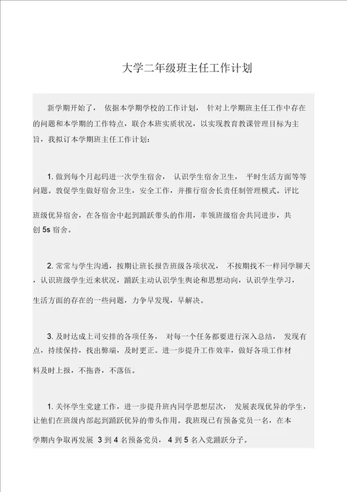 大学二年级班主任工作计划