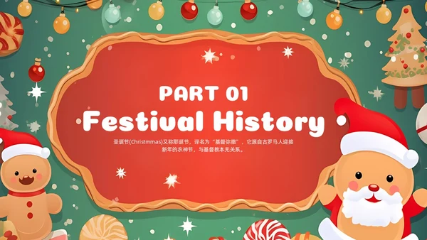 卡通圣诞主题圣诞节英文MerryChristmas节日介绍课件PPT模板