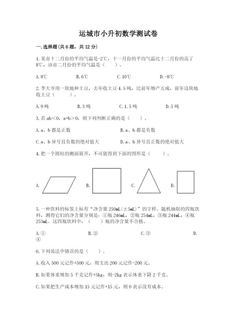 运城市小升初数学测试卷审定版.docx