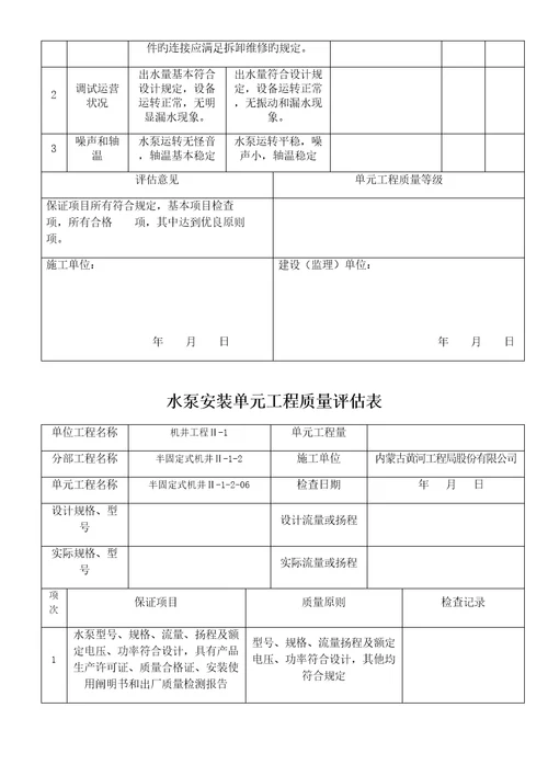 水泵安装单元关键工程质量评定表半固定式