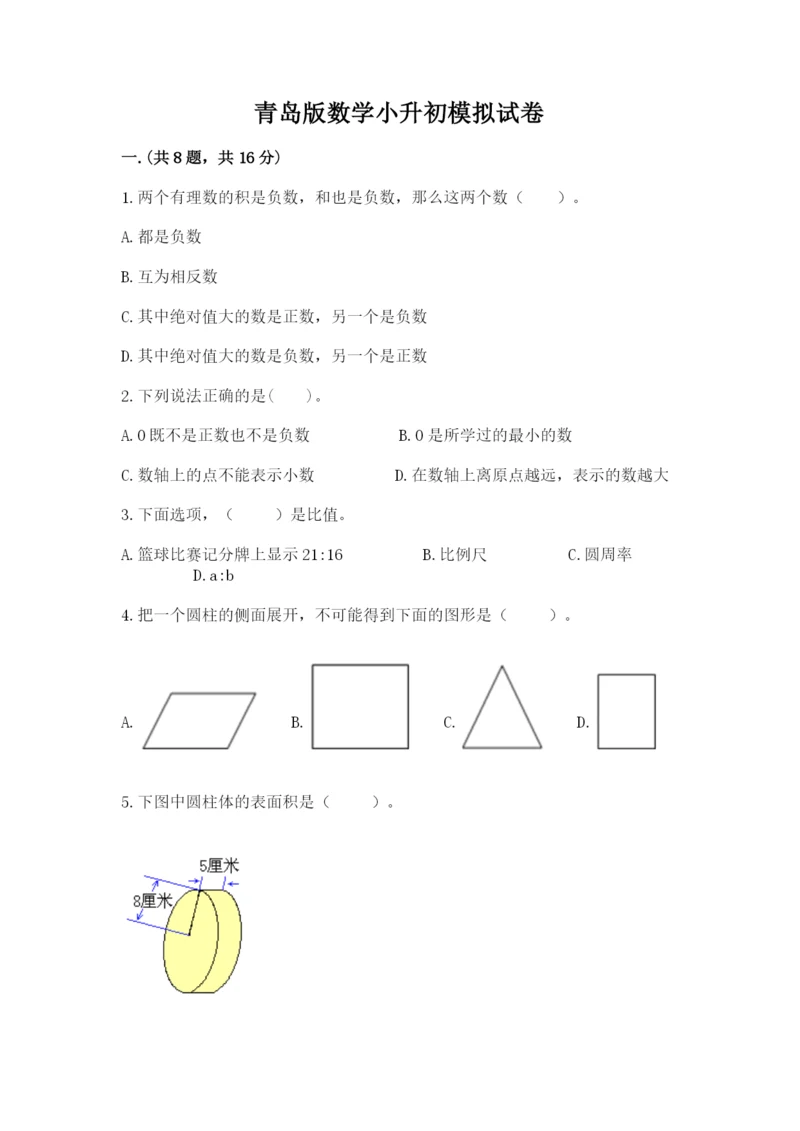 青岛版数学小升初模拟试卷附参考答案（培优b卷）.docx