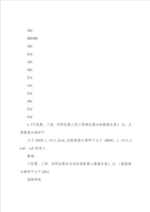 2023年新版人防工程锚固长度和搭接长度