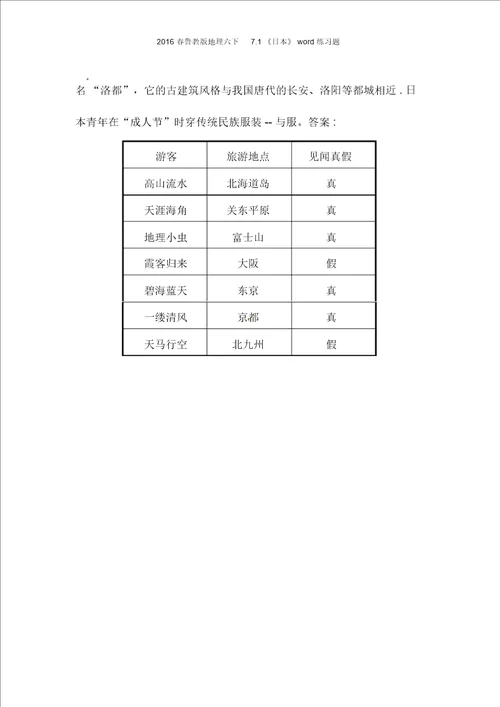 2016春鲁教版地理六下71日本练习题