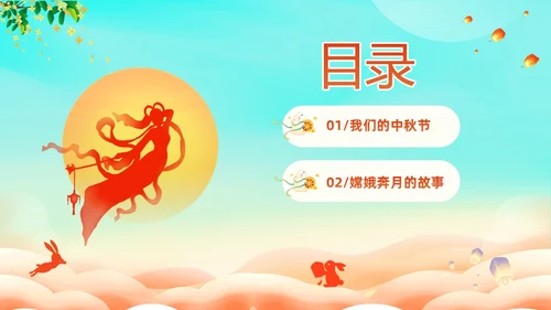 蓝色剪影插画风中国神话故事嫦娥奔月故事PPTz中秋