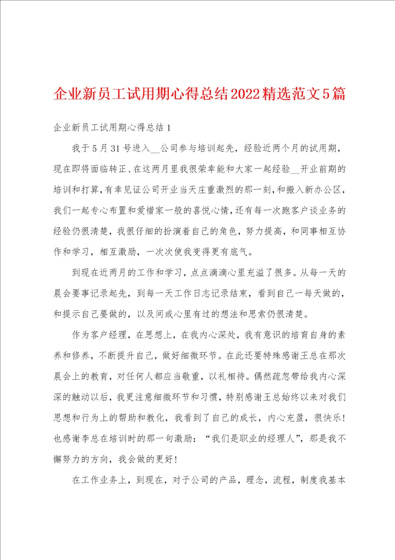 企业新员工试用期心得总结2022精选范文5篇