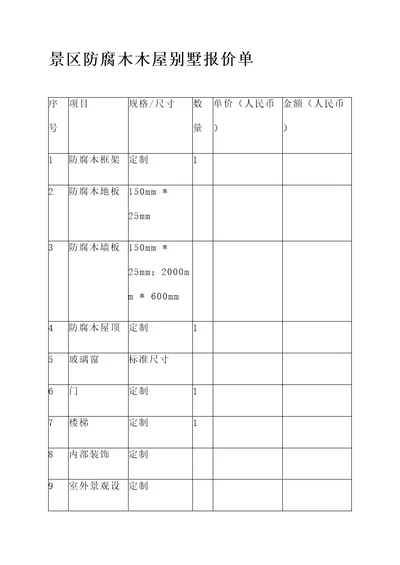 景区防腐木木屋别墅报价单