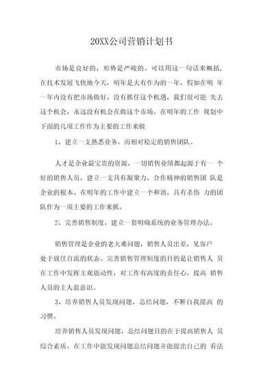 20XX公司营销计划书