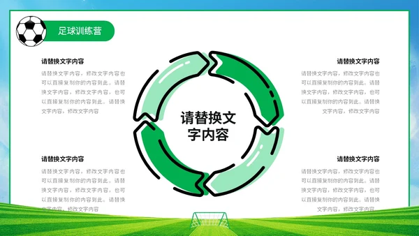插画风蓝天草地绿茵儿童踢足球培训班训练营PPT