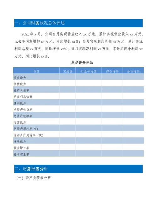 财务分析报告标准模板