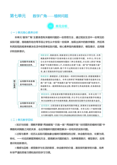 （大单元整体教学）第七单元 数学广角——植树问题 单元分析（表格式）教学设计 人教版 五年级上册数学