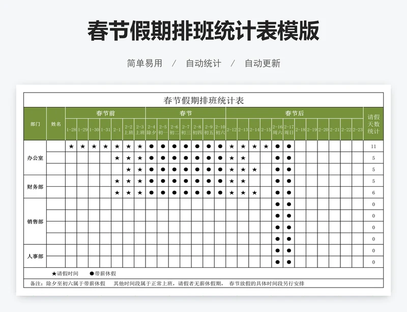 春节假期排班统计表模版