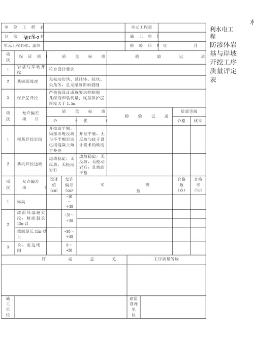 土石坝单元工程质量验收表格模板