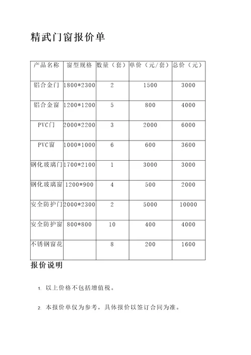 精武门窗报价单