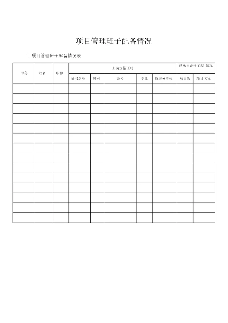 项目管理班子人员配备表及相关说明