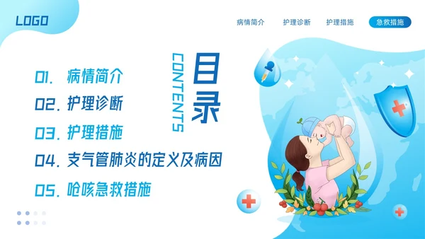蓝色简约儿科支气管肺炎护理查房PPT模板宣传PPT动态PPT儿科护理