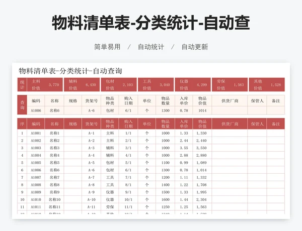 物料清单表-分类统计-自动查询