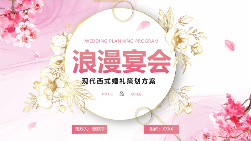 清新梦幻粉色花卉浪漫宴会西式婚礼策划PPT模板