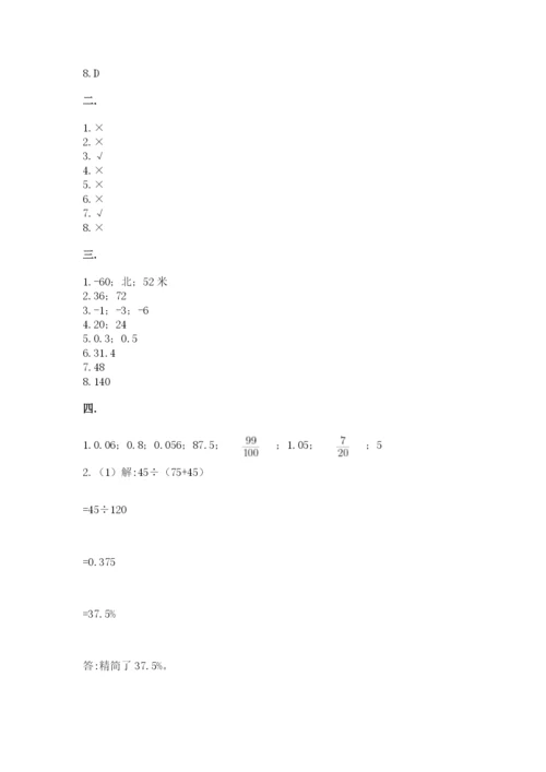 小学六年级下册数学摸底考试题及参考答案（轻巧夺冠）.docx