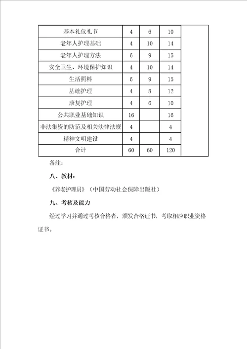 养老护理员技能培训教学计划及教学大纲