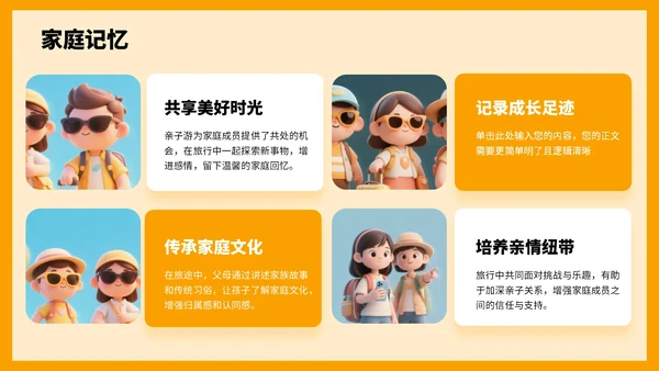橙色3D风国庆亲子游攻略PPT模板