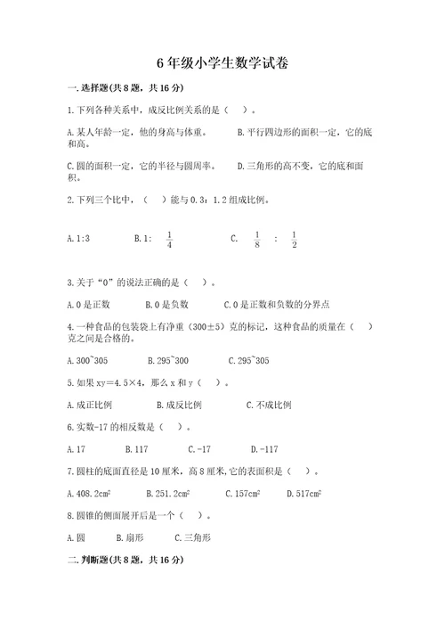 6年级小学生数学试卷（达标题）