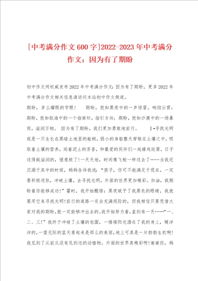 中考满分作文600字20222023年中考满分作文：因为有了期盼