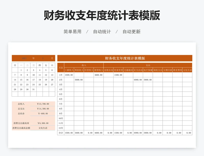 财务收支年度统计表模版