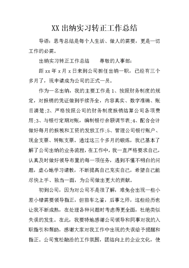 XX出纳实习转正工作总结