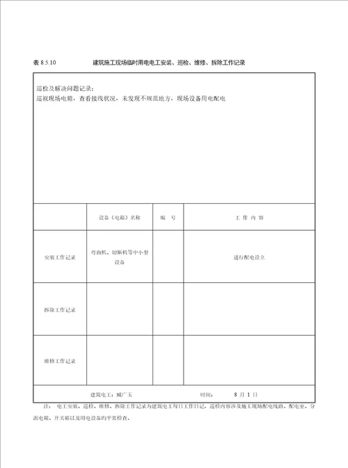 表优质建筑综合施工现场临时用电电工安装巡检维修拆除工作记录