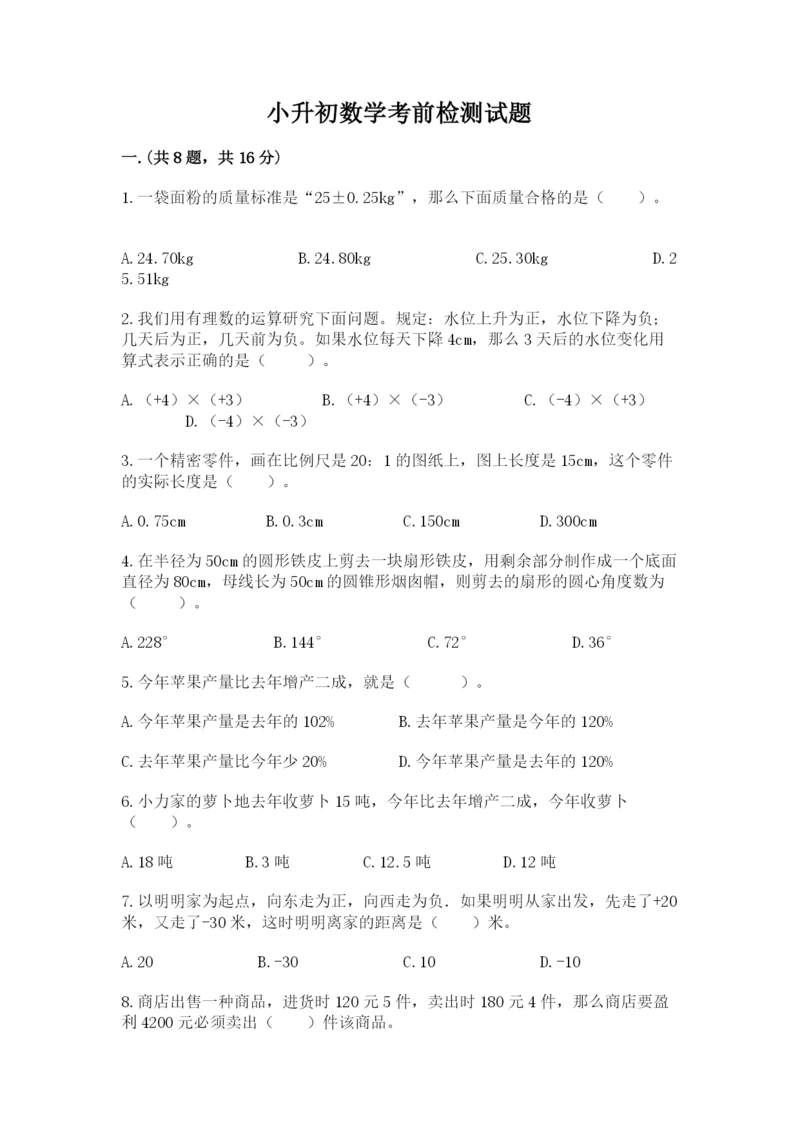 小升初数学考前检测试题及1套完整答案.docx