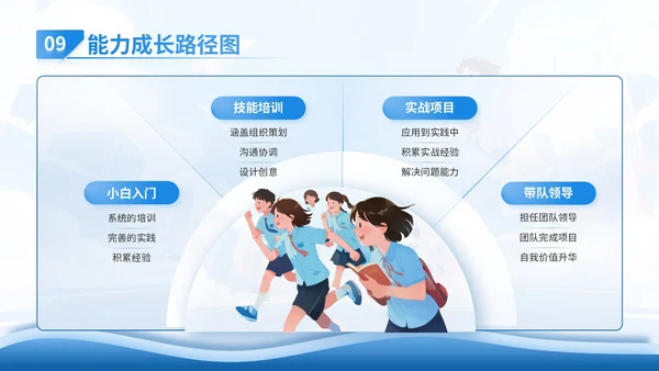 蓝色插画风学生会招新PPT模版