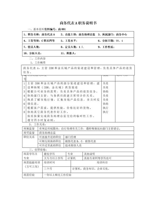 商务代表a职务说明书