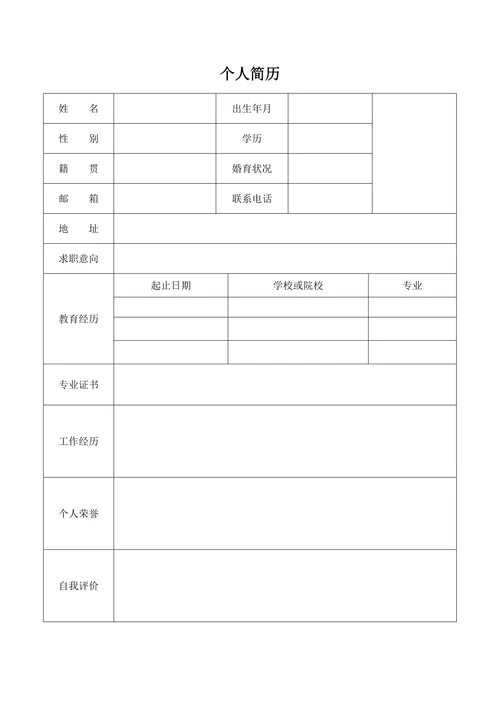 大学生个人简历表格空白模板通用