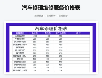 汽车修理维修服务价格表